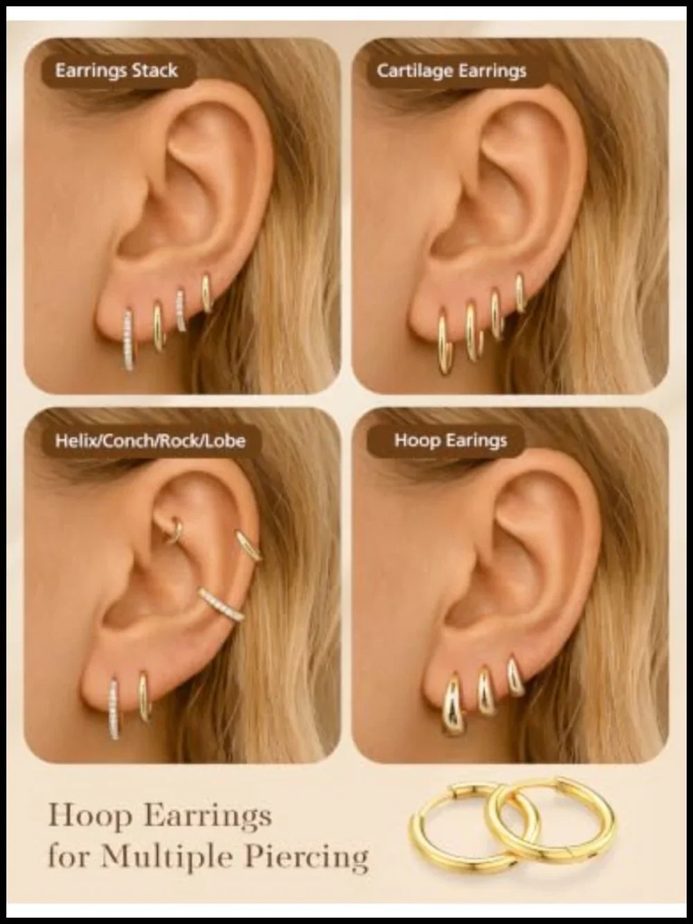14K Gold Plated Hypoallergenic Hoop Earrings Set - 6 Sizes, Click Top